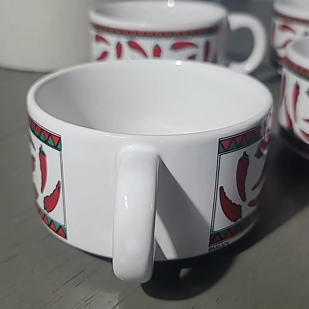 Stackable Red Chili Pattern Ceramic Mugs With Pepper Condiment Bowl - Picture 8 of 9